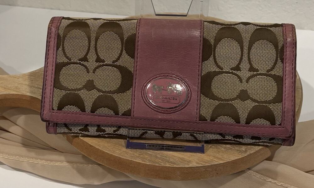Coach Signature Canvas Trifold Long Wallet Khaki Brown Pink Leather Authentic